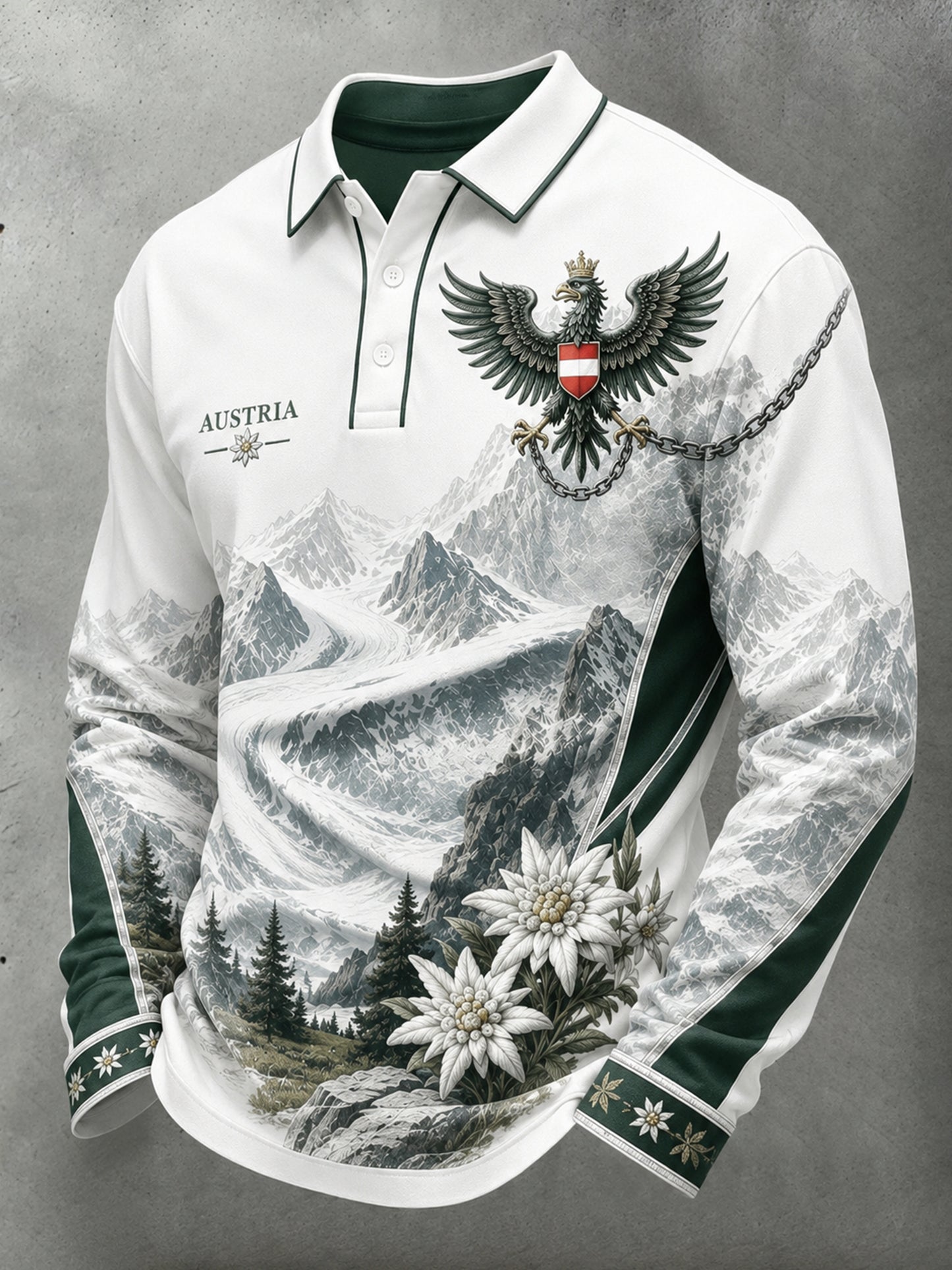 Herren-Polo mit langen Ärmeln und kunstvollem Aufdruck österreichischer Naturlandschaftselemente