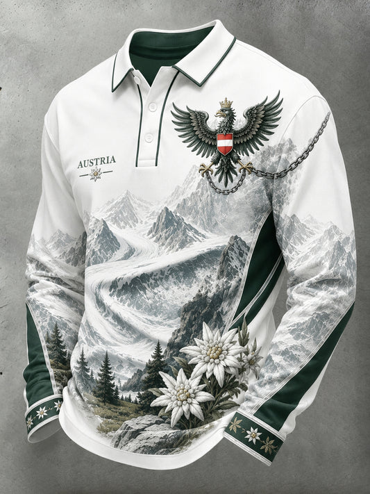 Herren-Polo mit langen Ärmeln und kunstvollem Aufdruck österreichischer Naturlandschaftselemente