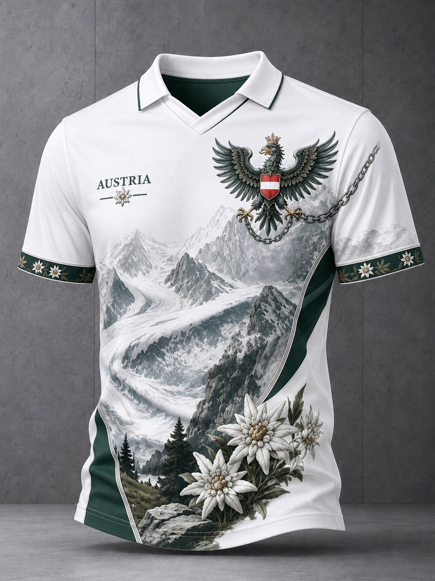 Herren-Polo-Shirt mit künstlerischem Druck von österreich ischen Natur landschafts elementen