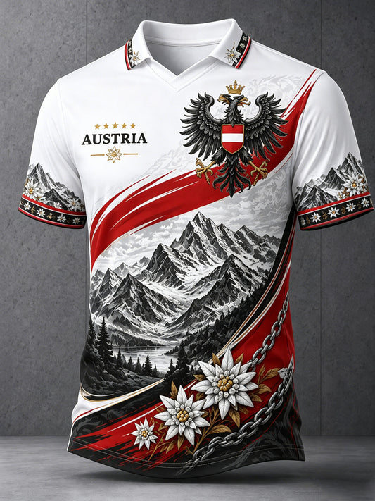 Herren-V-Ausschnitt-Top mit künstlerischem Print und Motiven österreichischer Berglandschaften