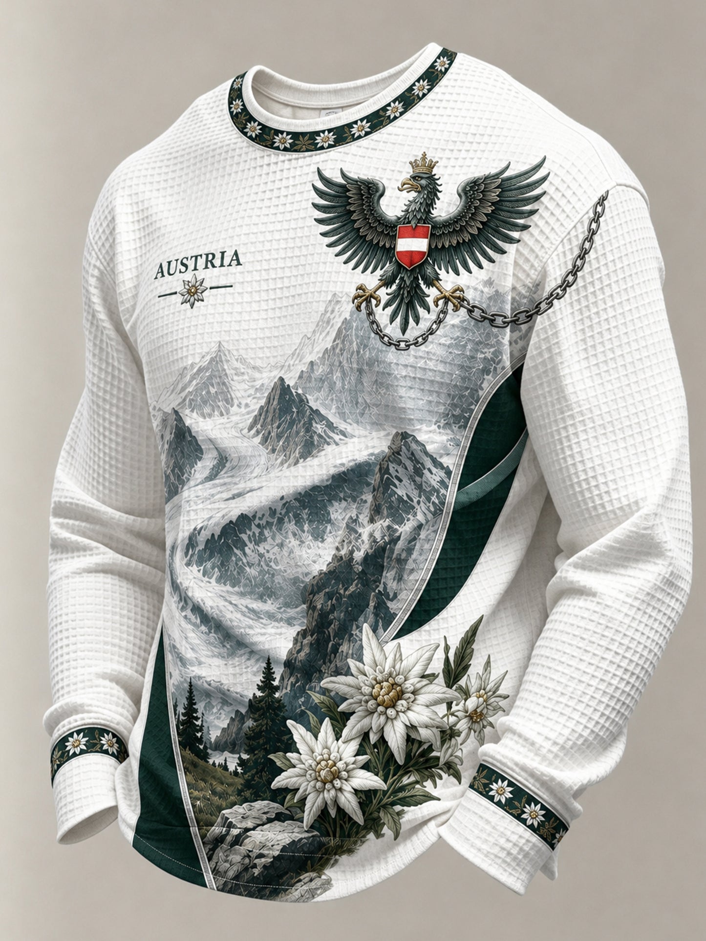 Herren-Longsleeve mit künstlerischem Aufdruck österreichischer Naturlandschaftselemente