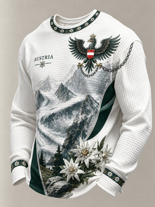 Herren-Longsleeve mit künstlerischem Aufdruck österreichischer Naturlandschaftselemente