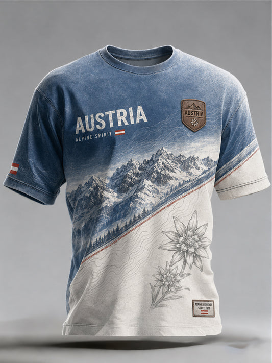 Herren-T-Shirt mit künstlerischem Aufdruck österreichischer Naturlandschaftselemente