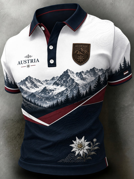 Herren-Poloshirt mit künstlerischem Aufdruck österreichischer Naturlandschaftselemente