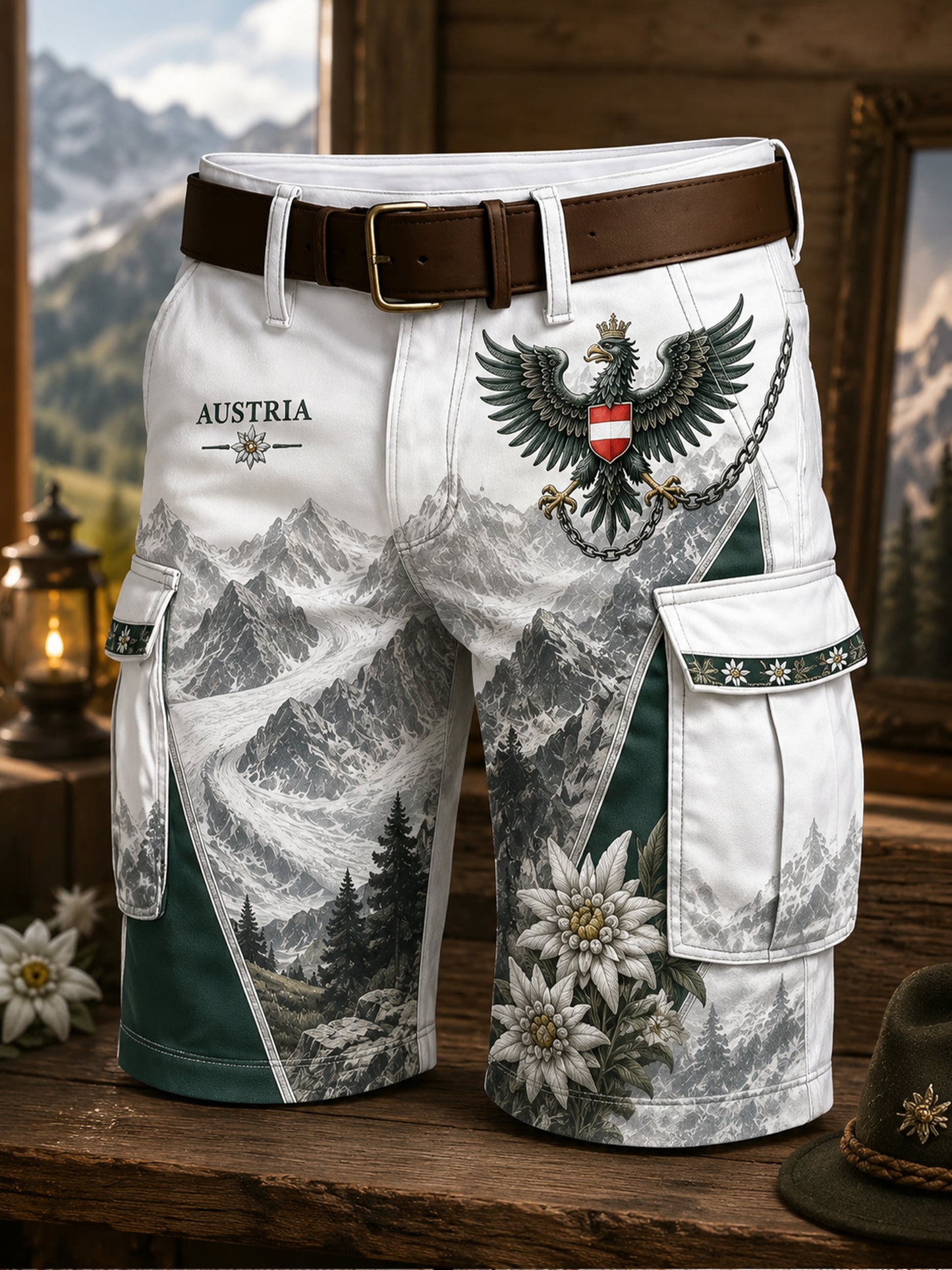 Herren-Shorts mit künstlerischem Aufdruck österreichischer Naturlandschaftselemente