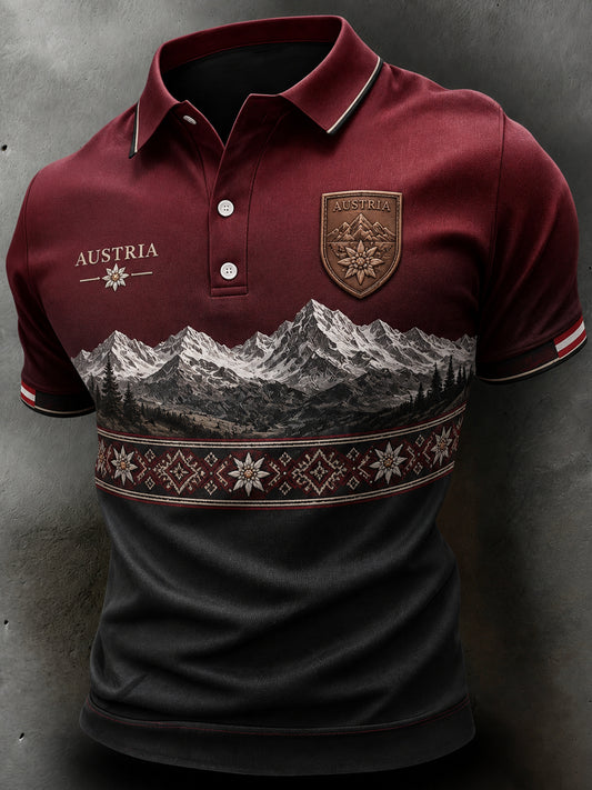 Herren-Poloshirt mit künstlerischem Aufdruck österreichischer Naturlandschaftselemente