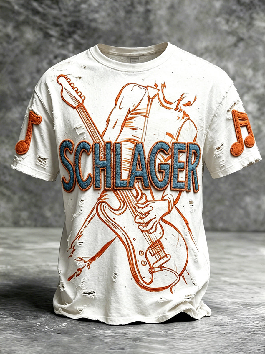 Herren-weißes, lässiges T-Shirt im Retro-Stil mit deutschem Schlager‑ und Graffiti‑Print
