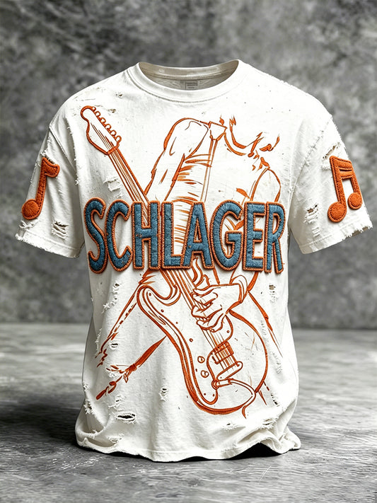 Herren-weißes, lässiges T-Shirt im Retro-Stil mit deutschem Schlager‑ und Graffiti‑Print