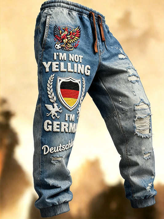 Herren-Hose im deutschen Stil mit gebrauchtem Denim-Look, bedruckt, lässig und sportlich