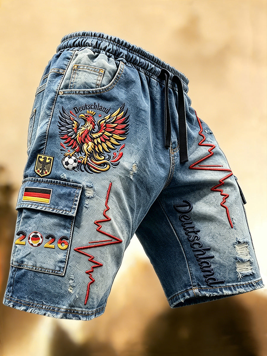 Herren-Fußball-Retro-Casual-Sportshorts mit Jeans-Print