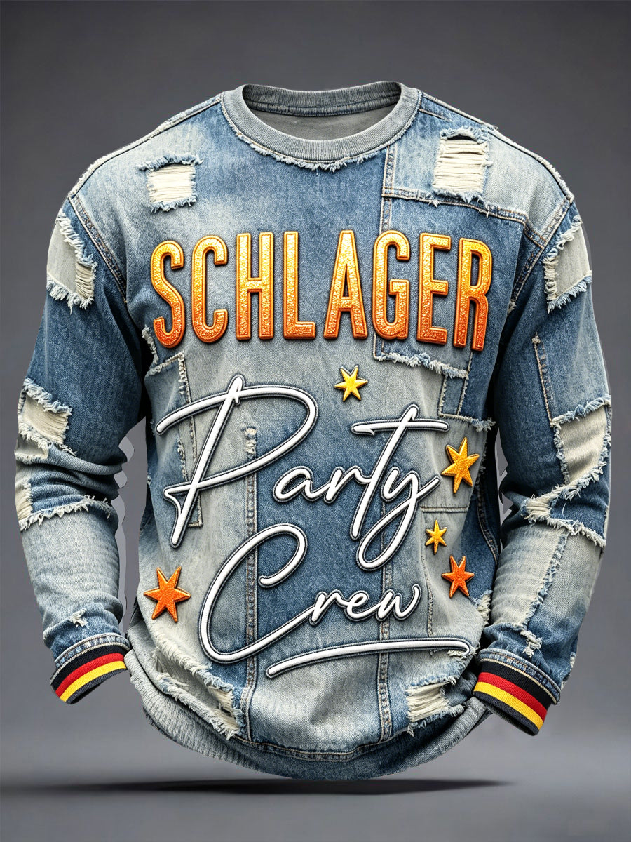 Herren-Retro-Schlagermove-Denim-Style-Patchwork-Print-Lässiges Langarm-T-Shirt