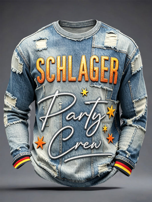 Herren-Retro-Schlagermove-Denim-Style-Patchwork-Print-Lässiges Langarm-T-Shirt