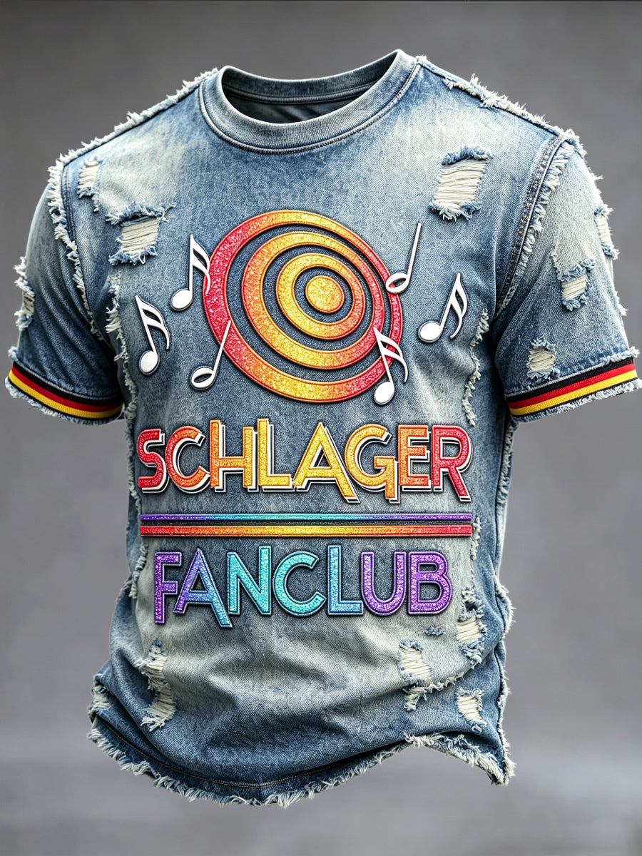 Herren-Retro-Deutsch-Schlagermove-Casual-T-Shirt im Denim-Stil mit Patchwork-Print