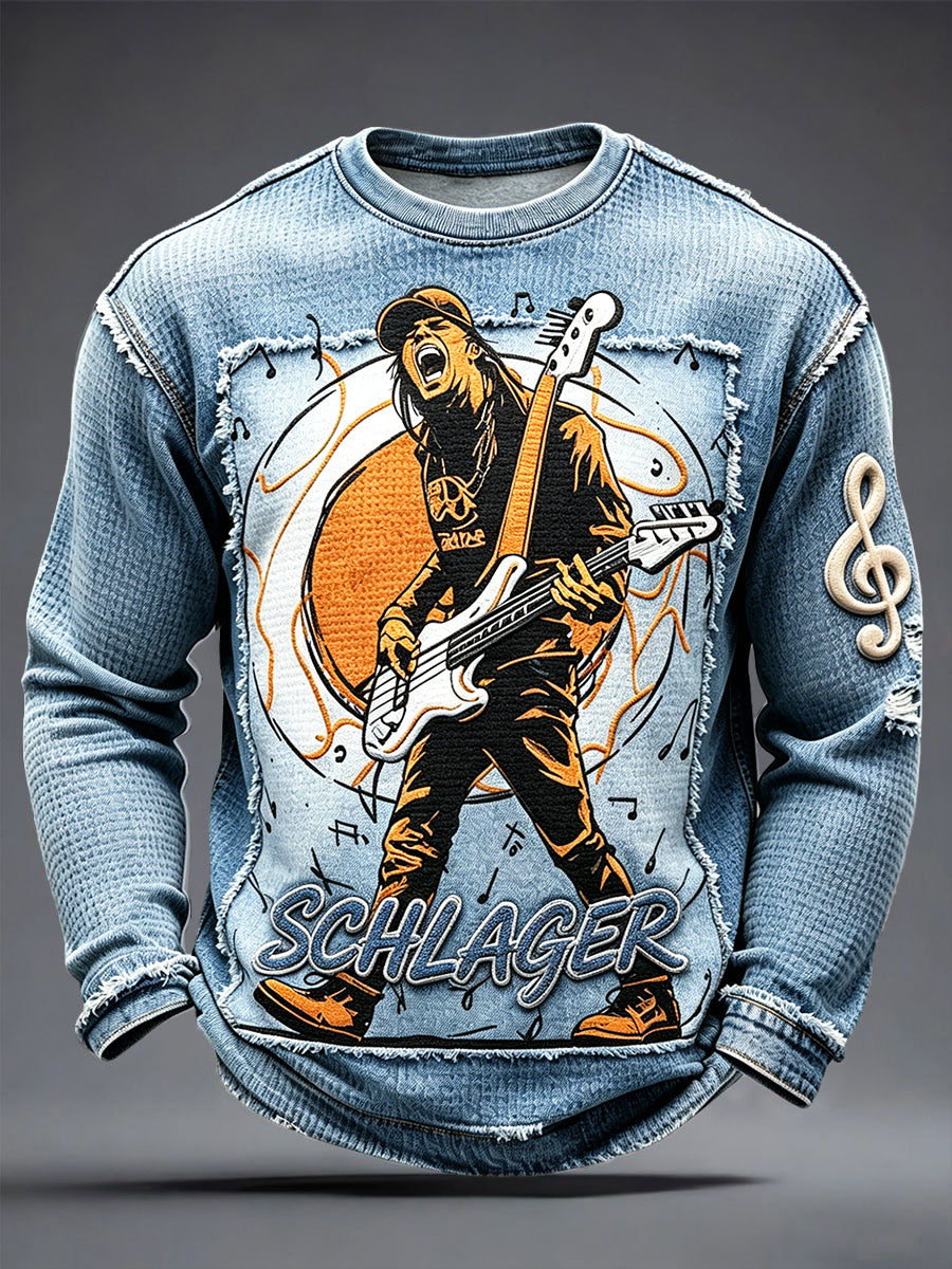 Herren-Schlagermove-T-Shirt aus Deutschland mit Jeans-Optik, Patchwork-Print und langen Ärmeln – lässiger Style