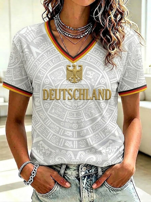 Frauen Deutschland Fußball Bedrucktes T-Shirt mit V-Ausschnitt
