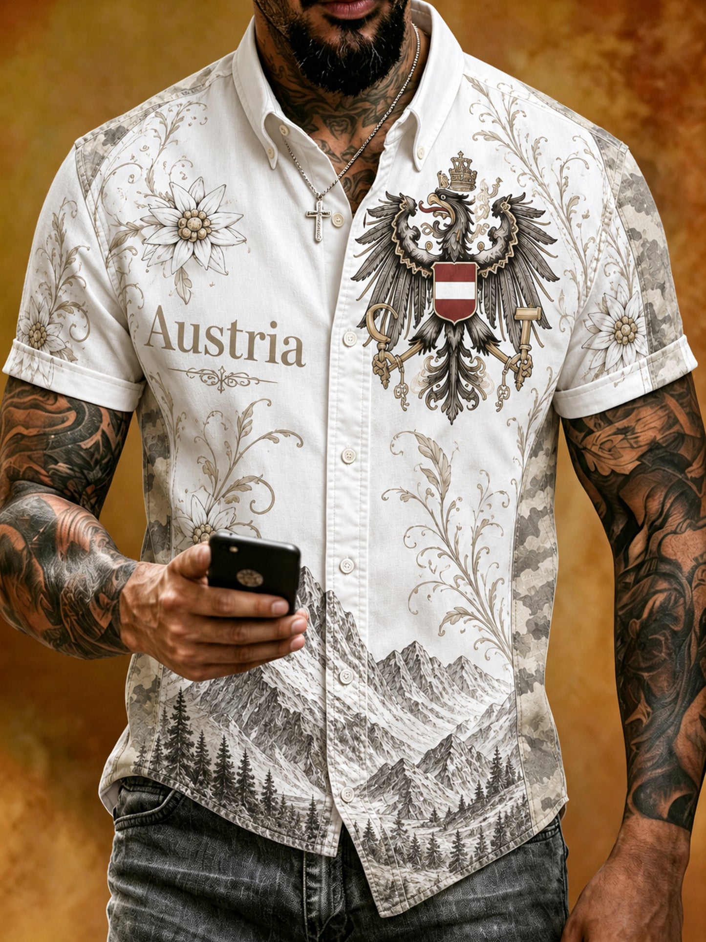 Herren Österreich isches Berg Edelweiss Flag Print Shirt