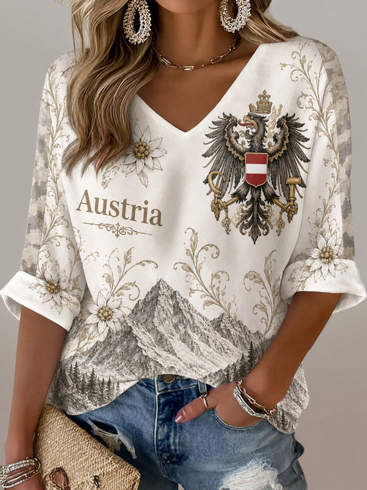 Frauen Österreich ische Berg Edelweiss Flagge Print V-Ausschnitt Top