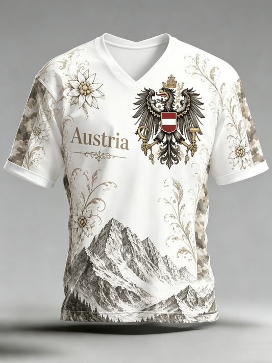 Herren-T-Shirt mit Kunstdruck im Stil der österreichischen Berg-Edelweiß-Flagge