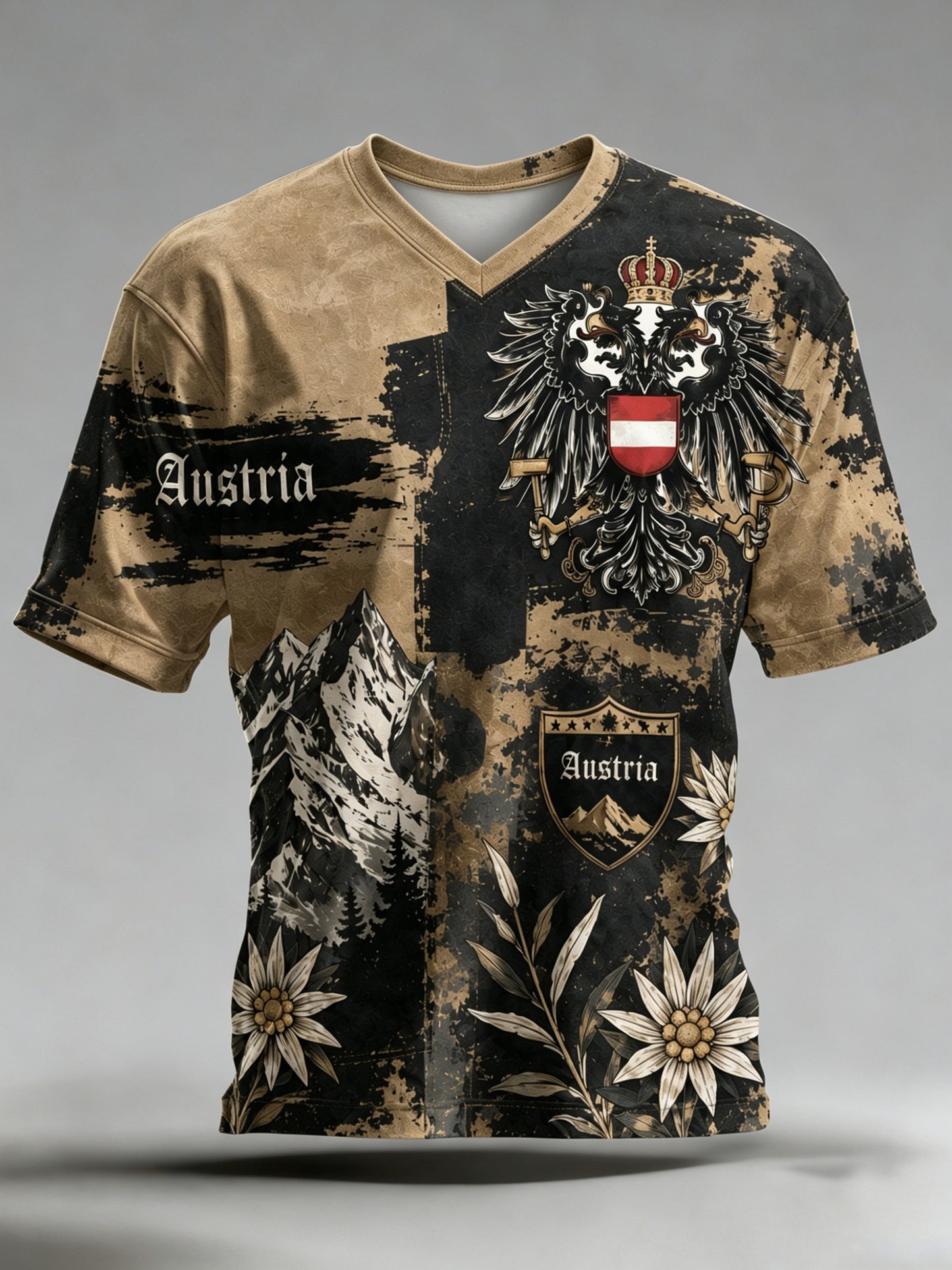 Herren-T-Shirt mit Kunstdruck im Stil der österreichischen Berg-Edelweiß-Flagge