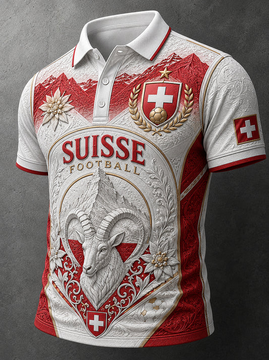 Herren-Poloshirt im Retro-Fußballstil mit geprägtem Print und kurzen Ärmeln