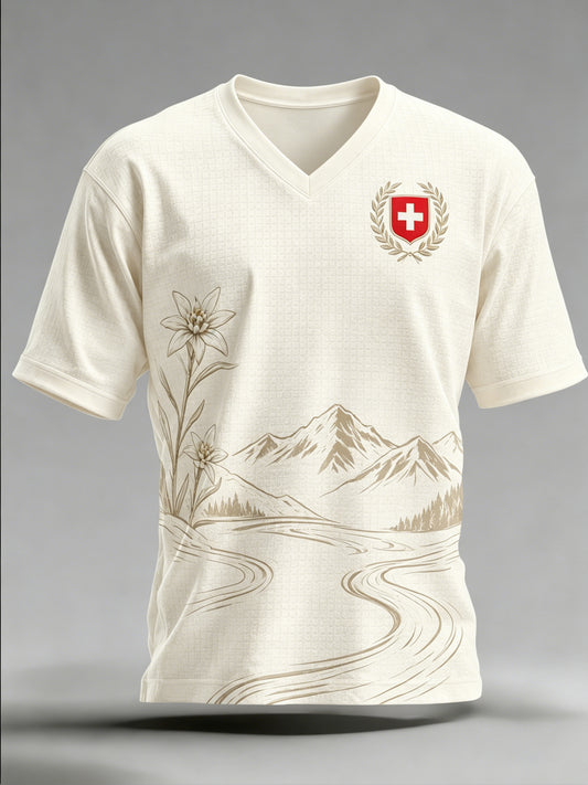 Herren-T-Shirt mit künstlerischem Druck im Schweizer Bergstil