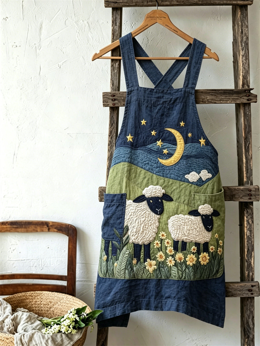 Damen Vintage Farm Schafe Blumen Nacht Landschafts druck Leinen Schürze