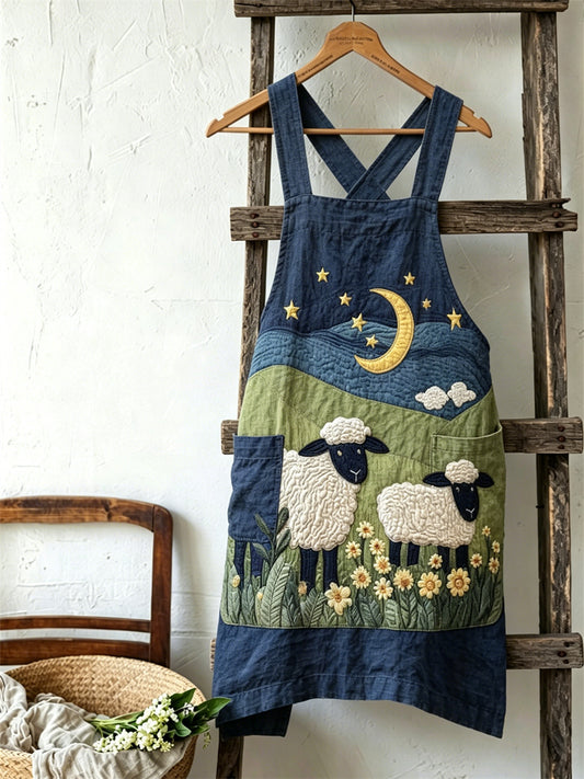 Damen Vintage Farm Schafe Blumen Nacht Landschafts druck Leinen Schürze