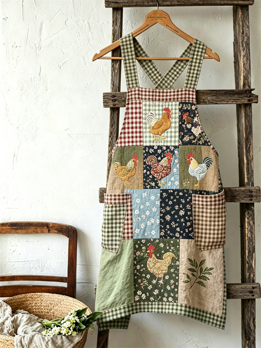 Damen Vintage Cottagecore Chicken Floral & Check Patchwork Print Leinen Schürze