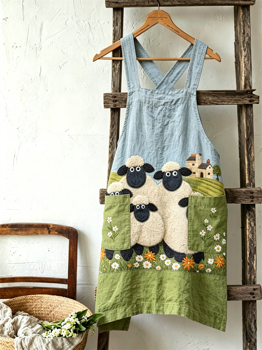 Frauen Vintage Farm Schafe Blumen Grünland Print Leinen Schürze