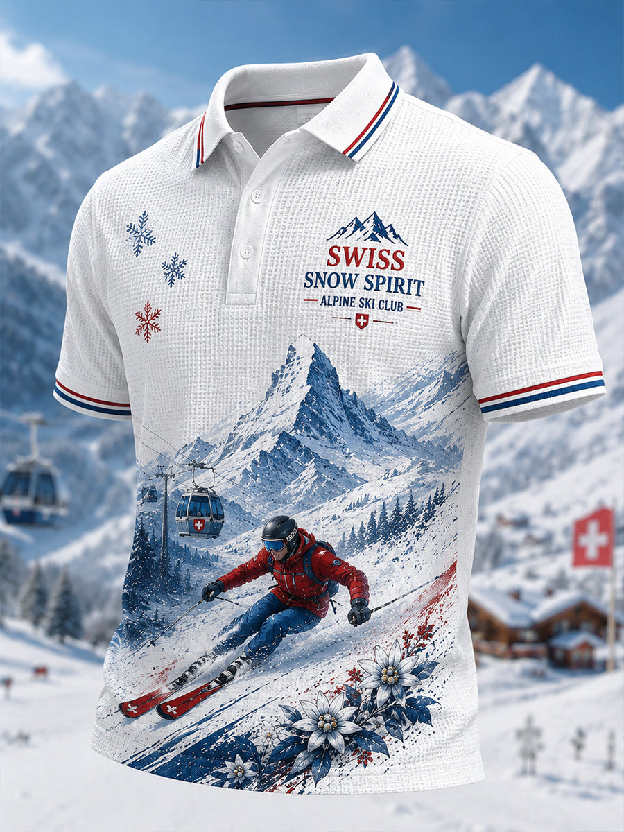 Herren-Poloshirt mit Ski-Print, lässig, waffelformige Textur und kurzen Ärmeln