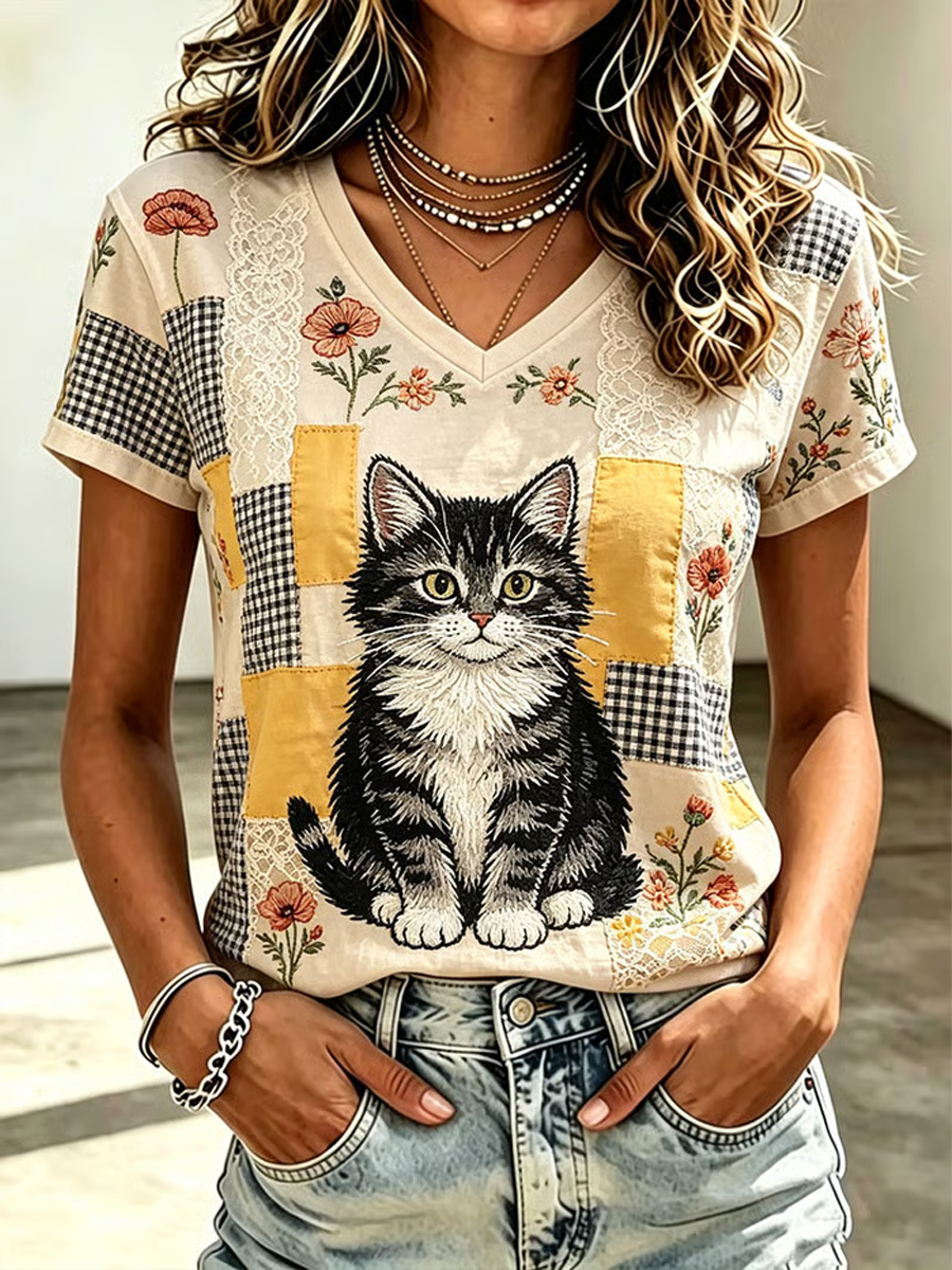 Kurzarm-T-Shirt mit Niedlichem Katzen druck für Damen