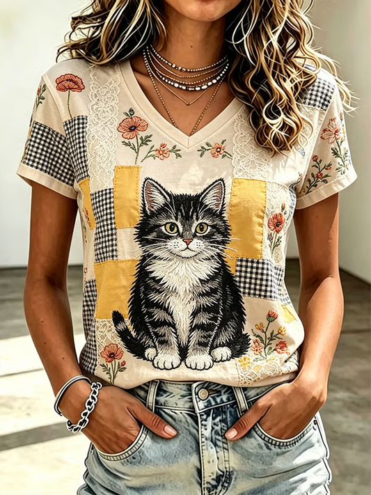 Kurzarm-T-Shirt mit Niedlichem Katzen druck für Damen