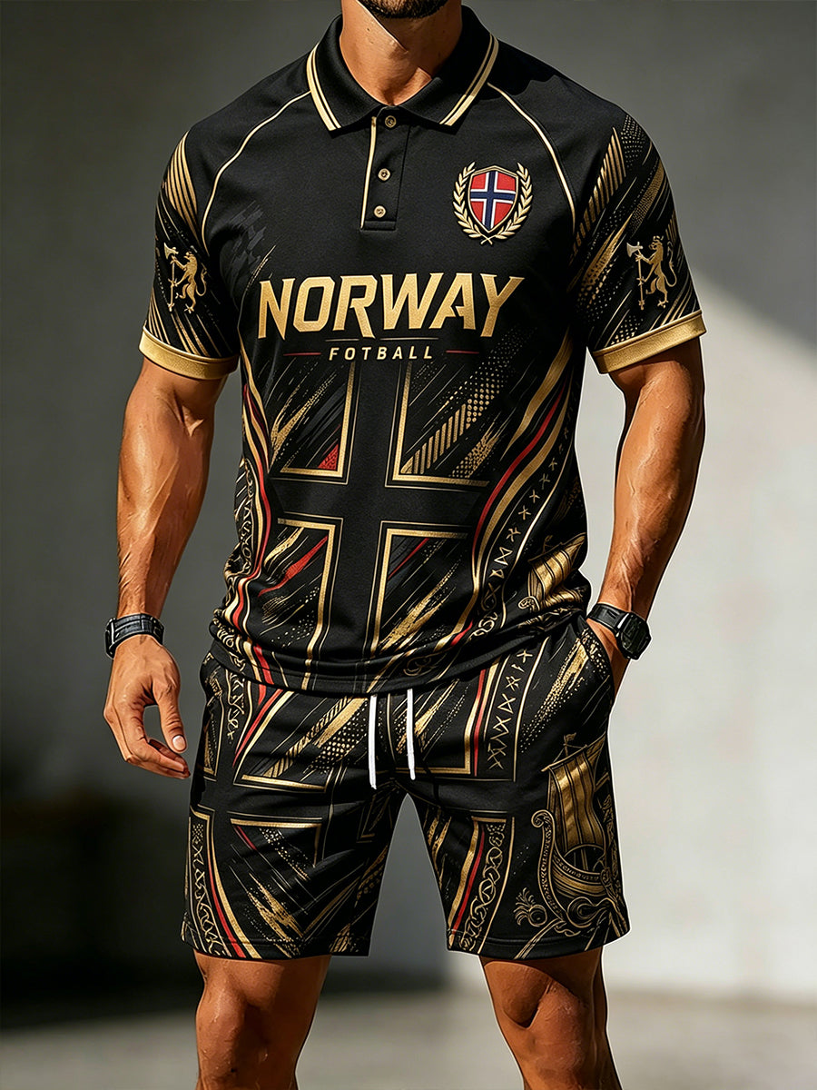 Herren Viking Fußball Print Kurzarm Polo Shirt Set