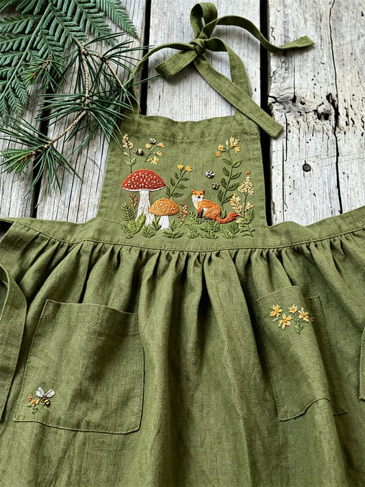 Frauen Vintage Wald Fuchs Pilz Blumen druck Falten Leinen Maxi Schürze Kleid