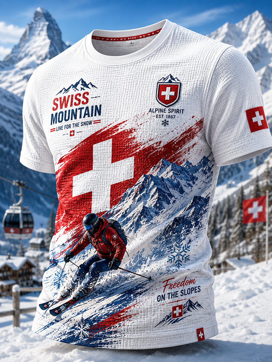 Herren-Casual-T-Shirt mit Skimotiv-Print, waffelformiger Struktur und kurzen Ärmeln