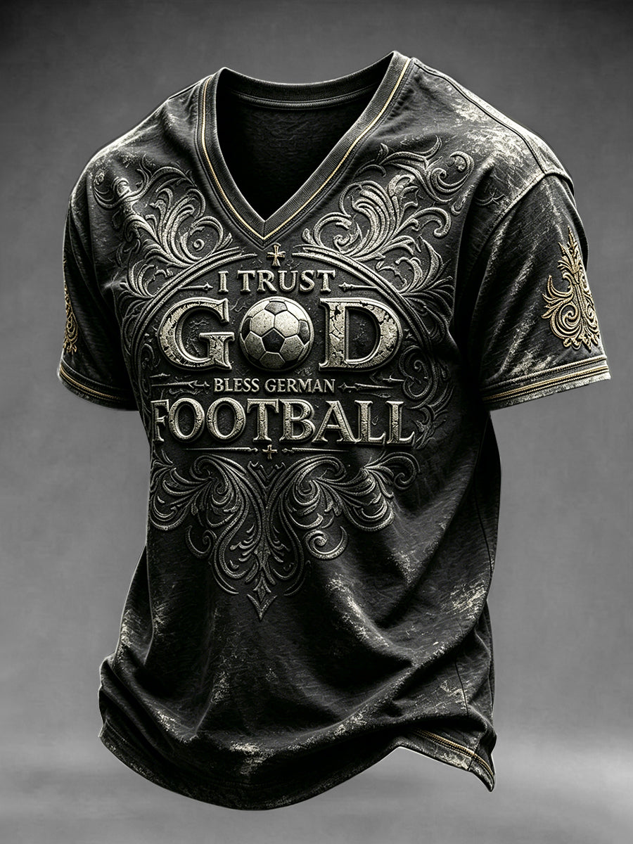 Herren Schwarz Deutsch Fußball Print Lässiges T-Shirt mit V-Ausschnitt