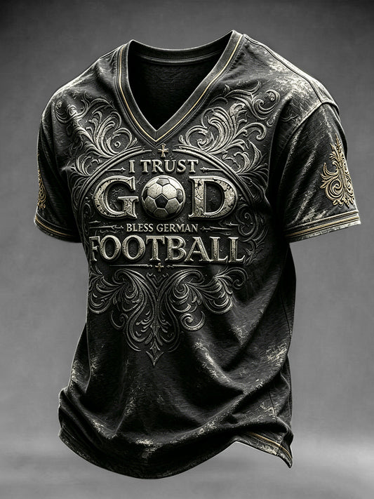 Herren Schwarz Deutsch Fußball Print Lässiges T-Shirt mit V-Ausschnitt
