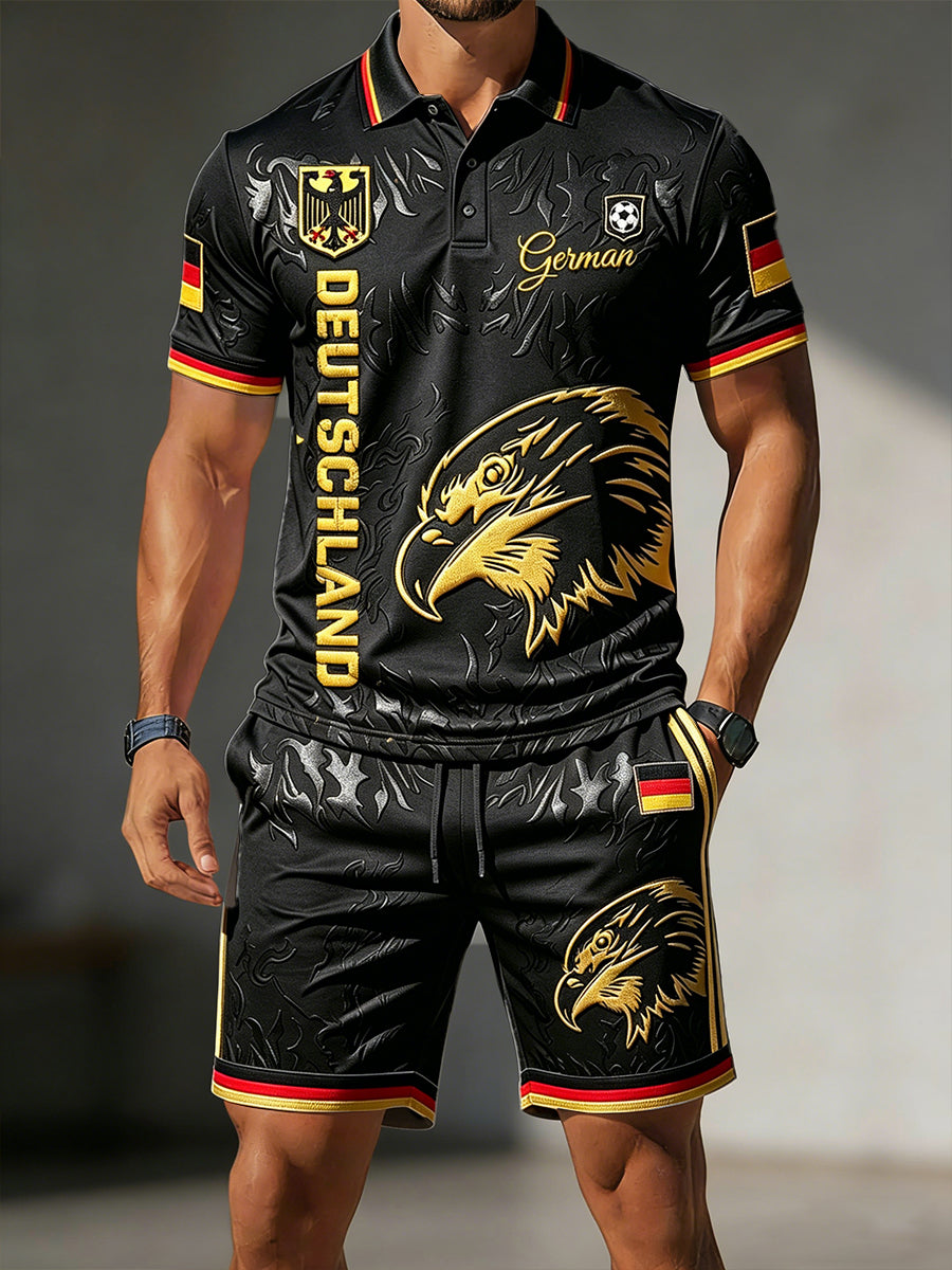 Herren Schwarz Deutsch Fußball Print Casual Polo Shirt und Shorts Set