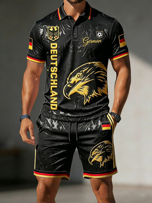 Herren Schwarz Deutsch Fußball Print Casual Polo Shirt und Shorts Set