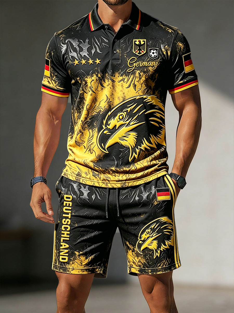 Herren-Polo-Shirt und Shorts-Set mit Retro-Print, deutscher Fußball