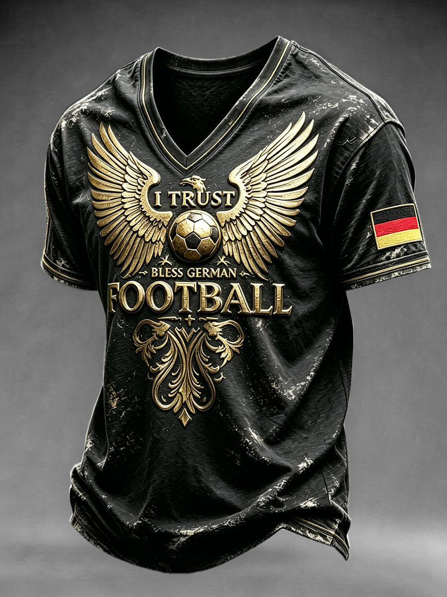 Herren Schwarz Deutscher Fußball Retro Adler Print Lässiges T-Shirt mit V-Ausschnitt