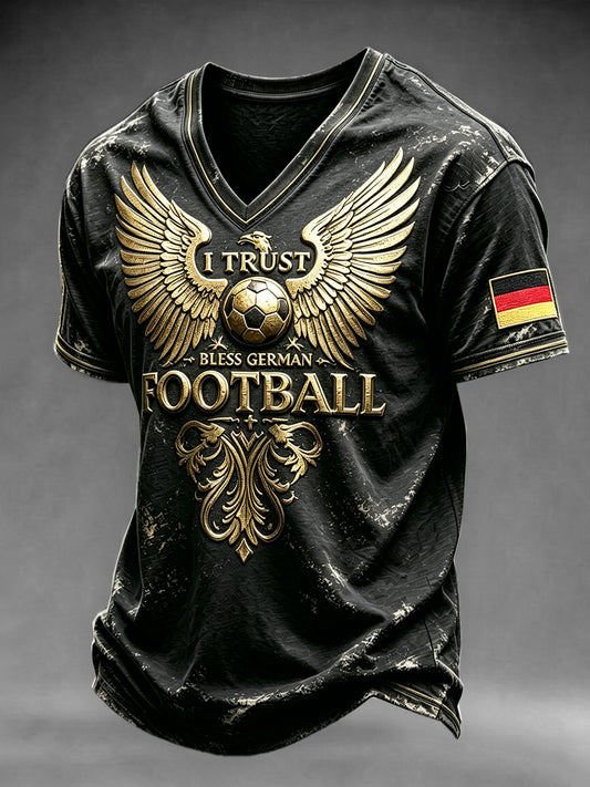 Herren Schwarz Deutscher Fußball Retro Adler Print Lässiges T-Shirt mit V-Ausschnitt