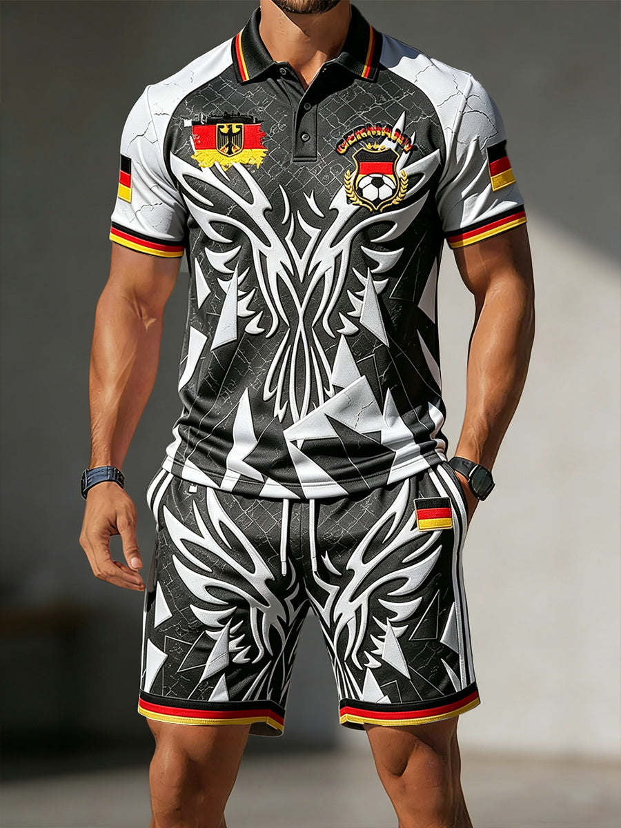 Herren Deep Grey Deutsch Fußball Print Casual Polo Shirt und Shorts Set