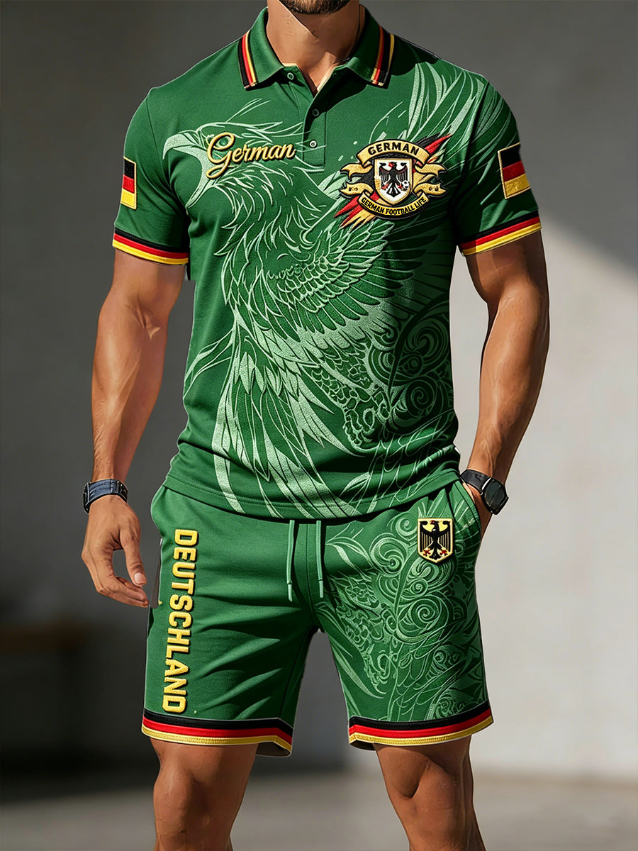 Herren Grün Deutsch Fußball Print Freizeit-Polo-Shirt und Shorts Set