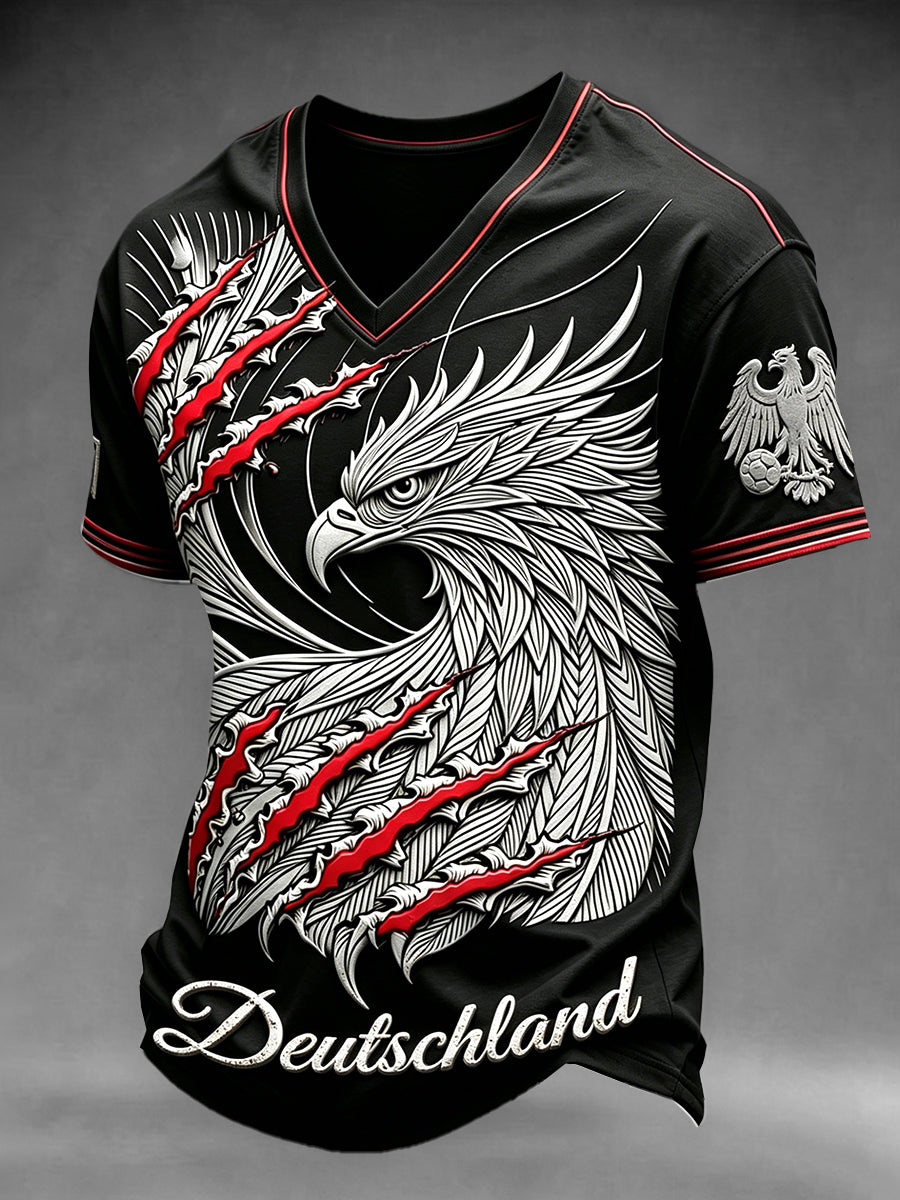 Herren Schwarz Deutscher Fußball Adler Print Lässiges T-Shirt mit V-Ausschnitt