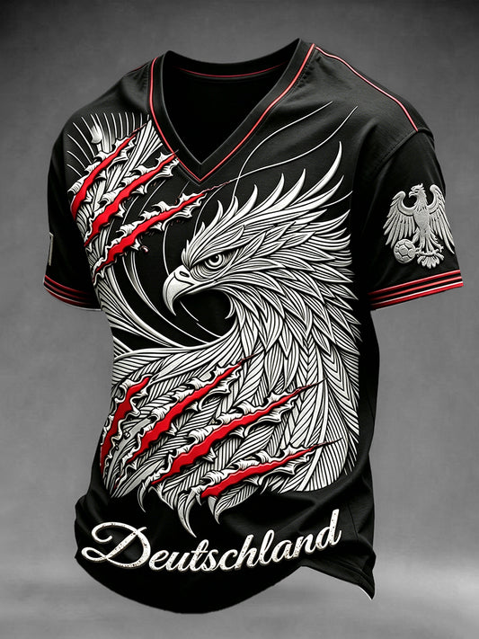 Herren Schwarz Deutscher Fußball Adler Print Lässiges T-Shirt mit V-Ausschnitt