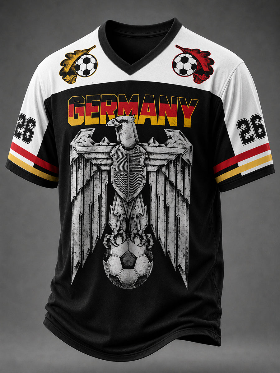 Herren-Fußballfan-T-Shirt aus Deutschland mit V-Ausschnitt und Print