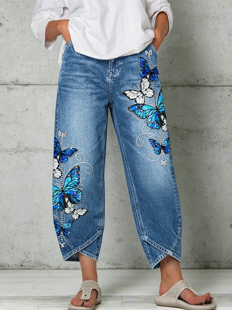 Damen-Hose mit Tier- und Schmetterlings-Art-Print