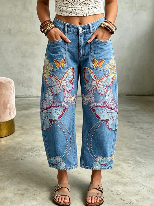 Damenhose mit Tier- und Schmetterlings-Print und Taschen