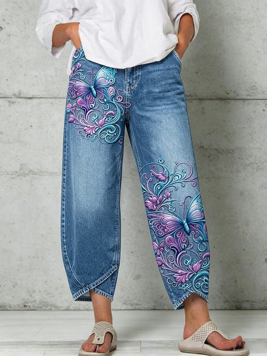 Damen-Hose mit Tier- und Schmetterlings-Art-Print